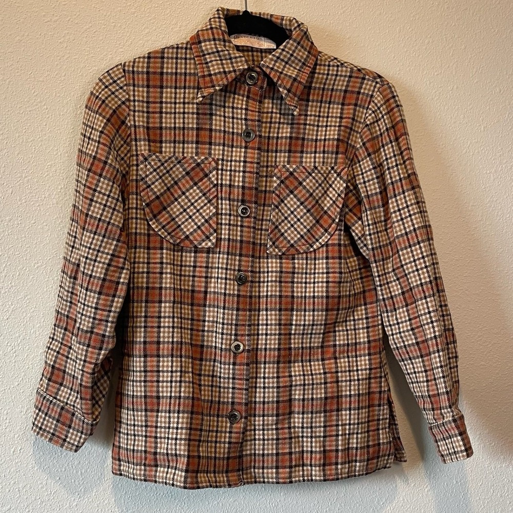 Vintage Pendleton Wool Plaid Shirt Brown Orange Womens Size 10 Made in USA